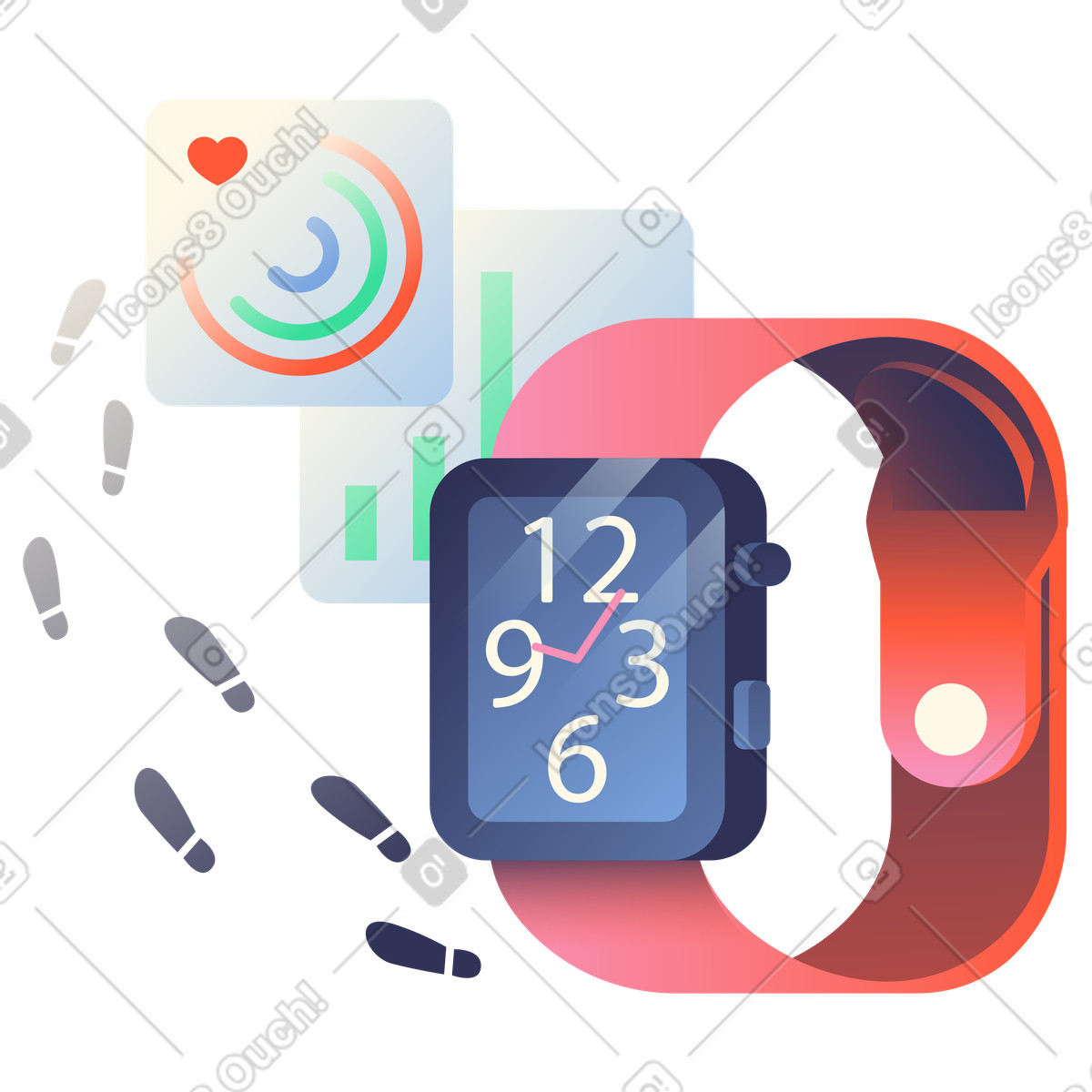 Smartwatch with footsteps illustration featuring activity rings clipart graphics in vector