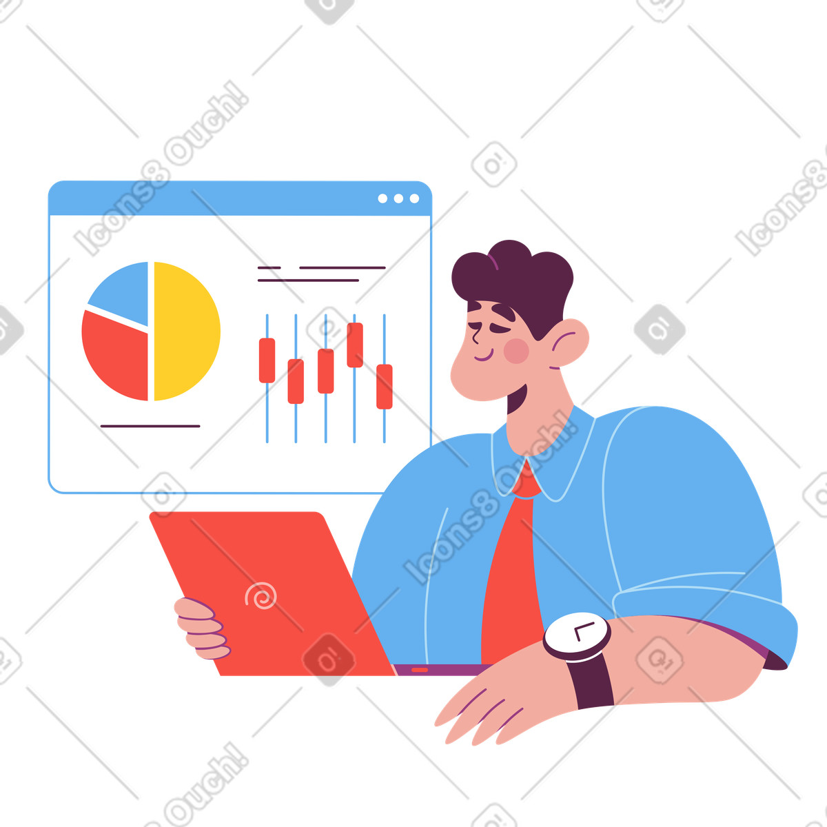 Man studying analytics on laptop illustration in Sammy style download in PNG, SVG