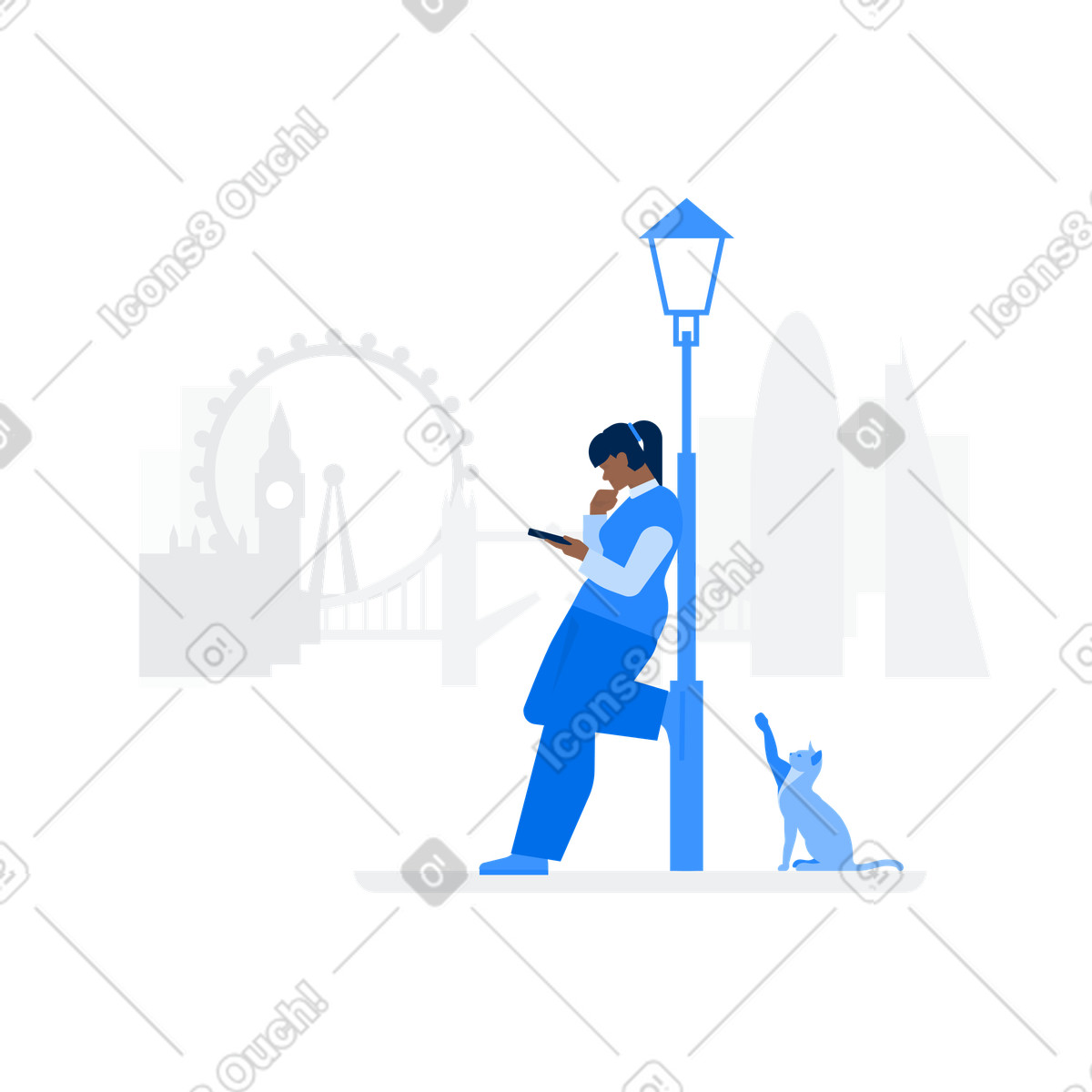 Woman with phone leaning on a lamppost and cat sitting near in London illustration Urban style download PNG, SVG
