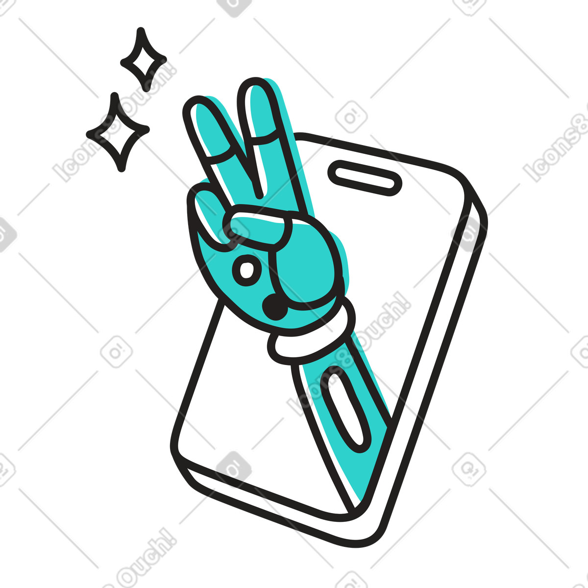 Illustration Smartphone avec intelligence artificielle montrant le signe de la victoire dans style Little à télécharger aux formats PNG, SVG