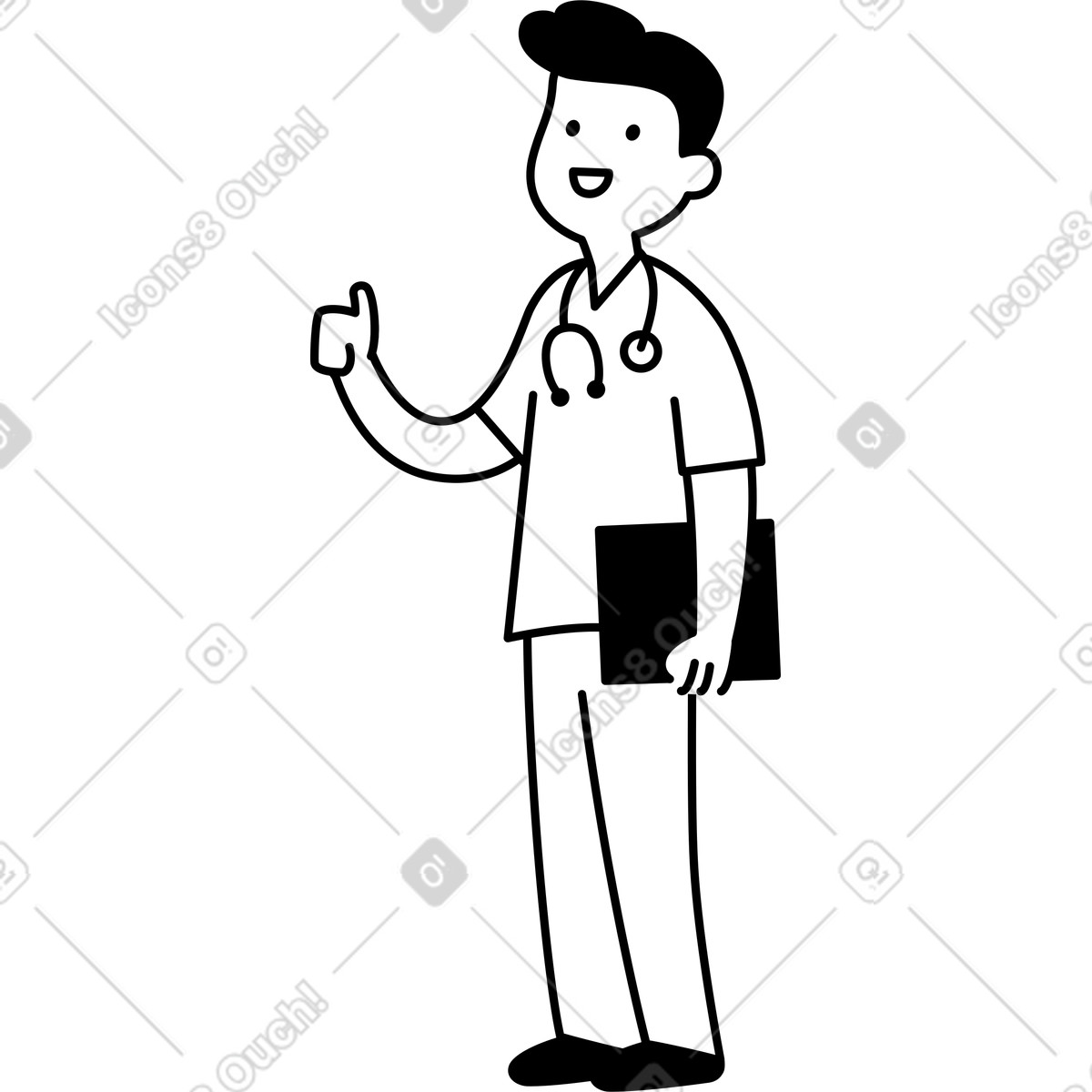 下载 Notion Line Art 风格的 Doctor holding folder giving thumbs up with stethoscope around neck 插画，支持 PNG、SVG 格式