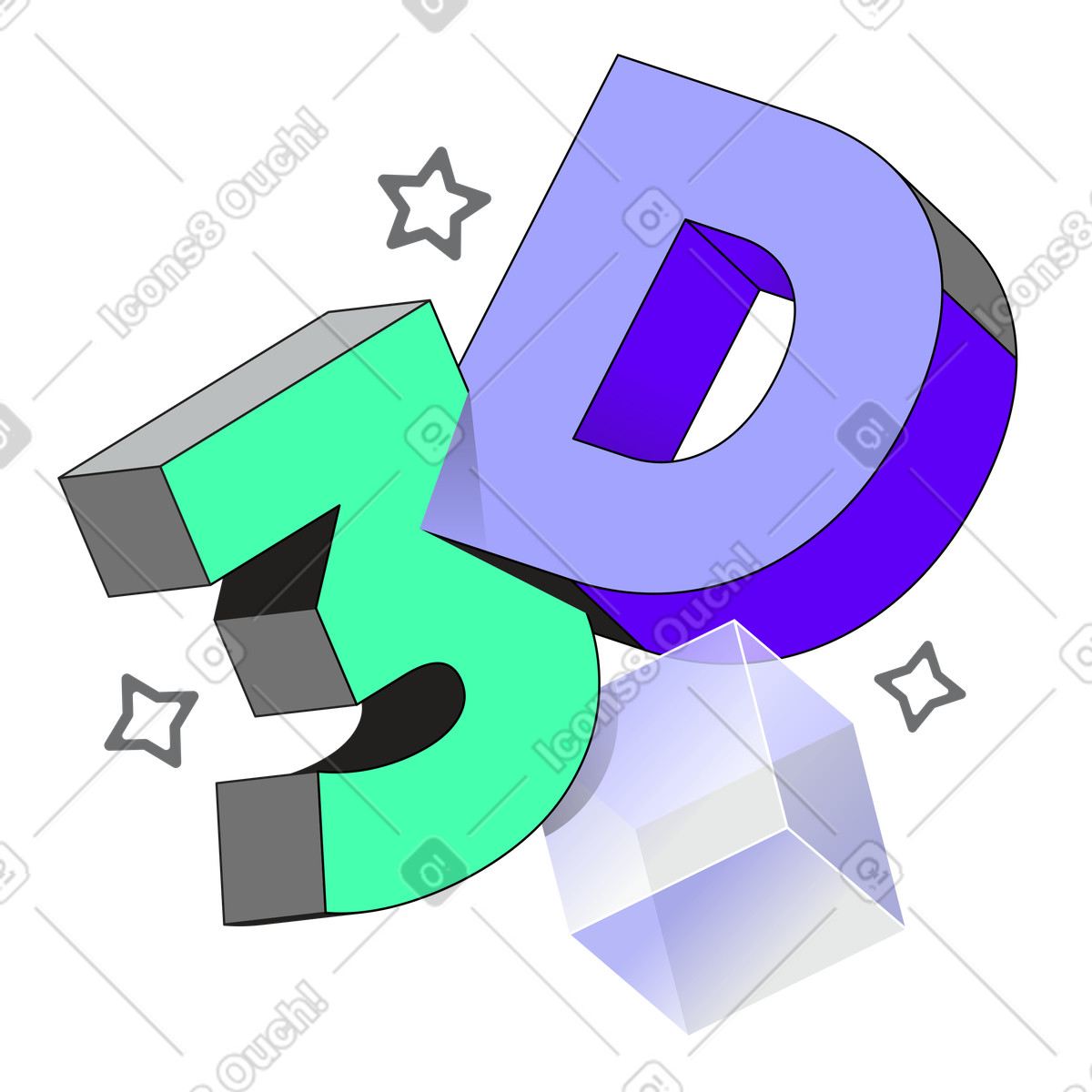 Bold word 3D with cube and stars illustration in Incut style download in PNG, SVG