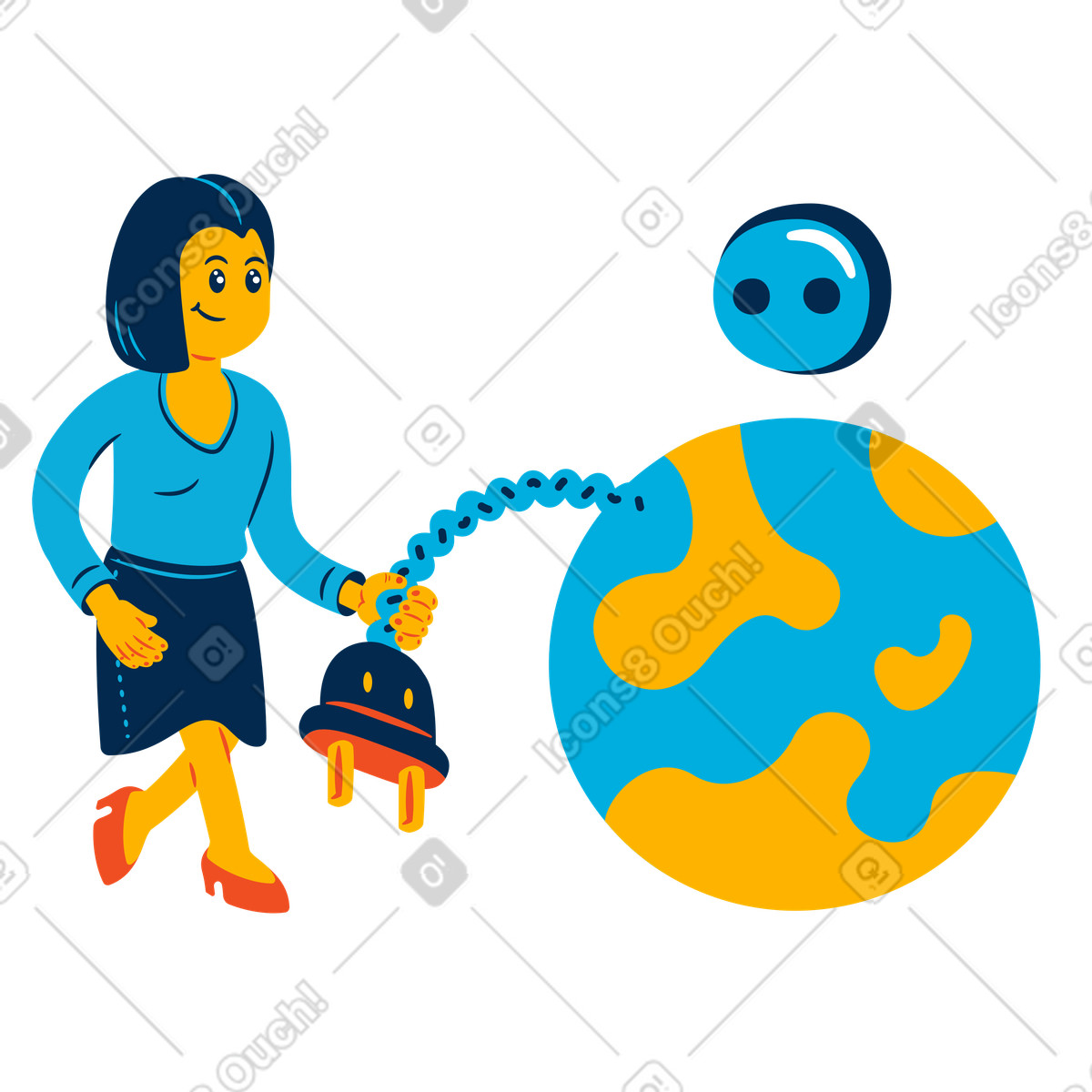 Woman unplugging during earth hour illustration in Flame style download in PNG, SVG