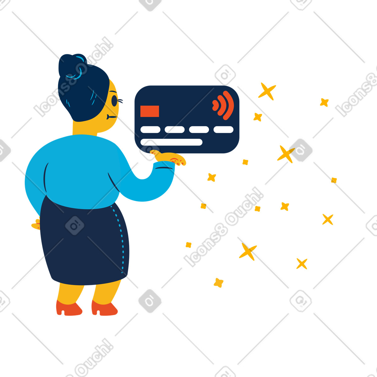 Frau bezahlt mit ihrer bankkarte-Illustration im Flame-Stil als Download in PNG, SVG