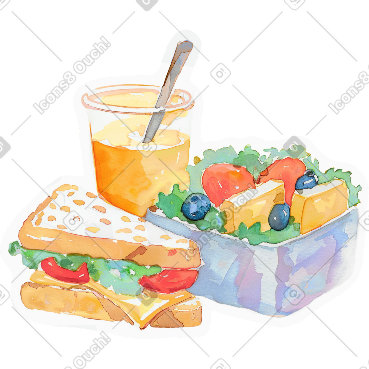 Ilustração de A box with sandwiches and drink em no estilo Watercolor para baixar em PNG, SVG