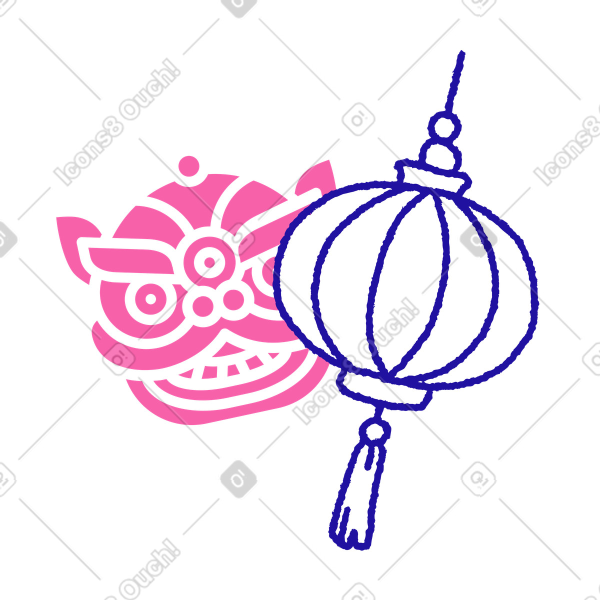 Ilustración Linterna de papel y cabeza león chino en estilo Whimsy a descargar en PNG SVG