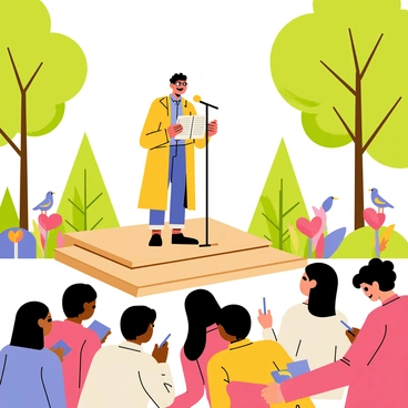 A poet stands on a small wooden stage in a park, with a microphone in hand. The poet has a long cloak and glasses, and is passionately reciting verses. A small crowd is gathered in front, with diverse faces captivated by the performance. Some audience members nod along while others hold notebooks and pens, ready to jot down notes. Lush green trees and colorful flowers surround the area, adding to the vibrant atmosphere of the park. A few birds are perched on nearby branches, listening attentively.