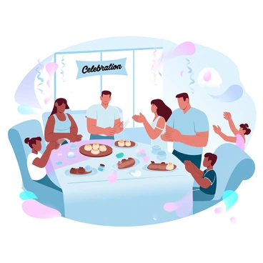 A family is gathered in a warmly-lit living room, each member engaged in various preparations for a circumcision celebration. A table is set with a vibrant cloth, adorned with colorful dishes and decorations. A mother is arranging traditional sweets on a tray, while a father is hanging ribbons and balloons from the ceiling. Children are playing nearby, laughter filling the air as they help by folding napkins. In the background, a banner that reads "Celebration" is prominently displayed. Soft pastel colors dominate the scene, creating a warm and inviting atmosphere.