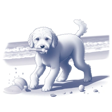 A goldendoodle with a fluffy coat is energetically digging in the sand at the beach. The dog is using a small toy shovel, which is held in its mouth. Sand is being thrown in various directions as the goldendoodle paws at the ground. In the background, there are gentle waves lapping at the shore, and a few seashells are scattered around in the sand. The sun casts soft shadows on the sand, highlighting the dog's playful posture and excitement.