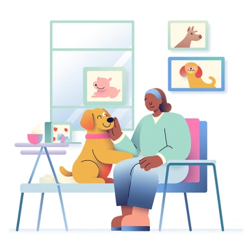 A therapy dog with a golden coat is sitting beside a patient in a cozy room. The patient is a middle-aged woman with short brown hair, wearing a light blue sweater. She is gently petting the dog, a look of calm on her face. The dog has big, brown eyes and appears relaxed, with its tail wagging slightly. Nearby, there is a soft blanket draped over a chair and a small table holding a box of tissues and a glass of water. A window lets in natural light, illuminating the peaceful atmosphere of the room. On the wall, there are framed pictures of animals, highlighting the theme of animal-assisted therapy.