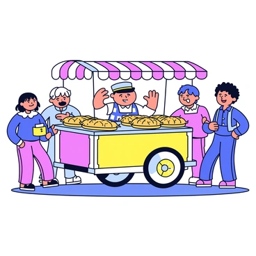 CMOT Dibbler in the street, selling his infamous 'meat' pies from a little cart