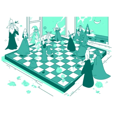 A life-sized chessboard is set in a grand hall with polished marble floors. Each square of the board is defined by alternating colors of teal and white. The chess pieces are intricately designed wizards, knights, and rooks, all with distinct features and robes. The wizards have flowing cloaks and pointed hats, while the knights are depicted as strong warriors on horseback. The pieces are actively moving on their own, with some wizards casting spells while others make strategic movements across the board. The atmosphere is filled with an intense focus as onlookers watch the game unfold, captivated by the animated chess pieces.