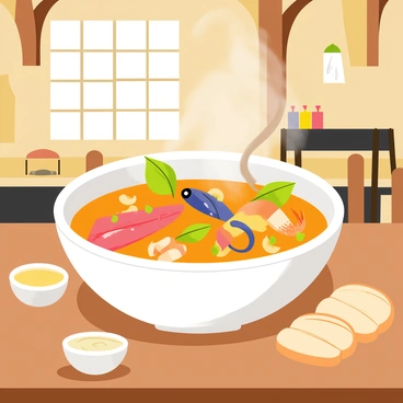 A steaming bowl of bouillabaisse sits on a wooden table in a cozy Marseille bistro. The bowl is filled with vibrant orange broth, showcasing various seafood such as fish, shrimp, and mussels, each piece glistening with freshness. Fresh herbs and spices float on top, adding splashes of green. Beside the bowl, there are slices of crusty bread and a small dish of aioli. The bistro features warm, inviting lighting, with rustic wooden beams and charming decor in the background, creating a welcoming atmosphere.