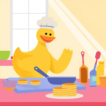 A 3D cartoon duck with bright yellow feathers is wearing a fluffy white chef's hat. The duck is standing in front of a frying pan on a stove. Fluffy pancakes are sizzling in the pan, with a few golden brown ones stacked on a plate nearby. The scene is set on a sunny morning, with rays of sunlight streaming through the window, casting warm light on the kitchen. There are colorful utensils and ingredients scattered around the counter, including a bowl of batter and a bottle of syrup.