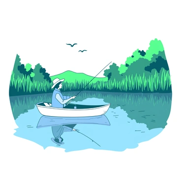 A person wearing a light blue shirt and a wide-brimmed hat is sitting peacefully in a small white boat in the middle of a calm bog. The boat is gently floating on the still water, surrounded by lush green reeds. The person is holding a fishing rod, with a line cast into the water. Reflections of the surrounding foliage and the sky can be seen on the surface of the bog. In the distance, a few birds can be seen flying low above the water, adding to the tranquil atmosphere.