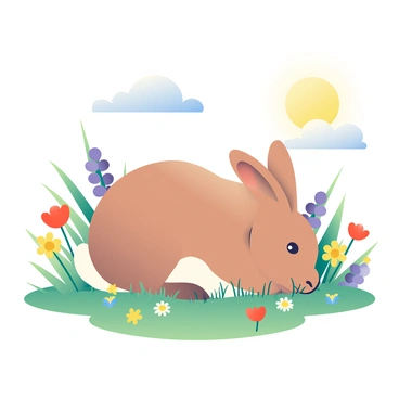 A hare with soft brown fur is peacefully grazing in a sunlit meadow. The meadow is filled with colorful wildflowers, including bright yellow daisies, purple lupines, and red poppies. The sun casts a warm glow over the scene, creating vibrant highlights on the hare's fur. In the background, green grass sways gently in the breeze, and a few fluffy white clouds drift across the blue sky. The atmosphere is calm and serene as the hare nibbles on the fresh grass among the wildflowers.