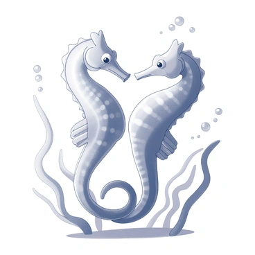 Two seahorses are intertwined in a playful manner, gracefully floating through the water. The seahorses have elongated bodies with curled tails, and their distinctive heads are turned toward each other, suggesting interaction. Surrounding them are soft, waving strands of seaweed that sway gently in the current. Small bubbles rise around them, adding a sense of movement to the underwater environment. Sunlight filters down from above, illuminating their delicate forms against the backdrop of the ocean.