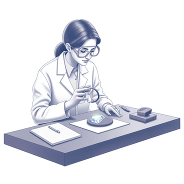 A gemologist is seated at a wooden workbench, intently focused on a raw diamond. The gemologist wears a white lab coat and safety goggles. She holds a magnifying glass close to the diamond, which is placed on a small velvet cloth. The workbench is cluttered with various tools of the trade, including tweezers, a scale, and a notebook filled with notes. The setting is well-lit, allowing for detailed examination. The diamond's surface reflects light, showcasing its natural facets as the gemologist meticulously analyzes its clarity and imperfections.