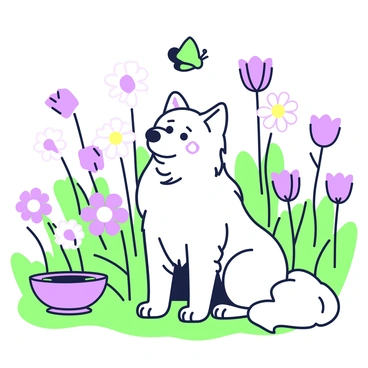 A Samoyed curiously watching vibrant butterflies flutter around a blooming garden