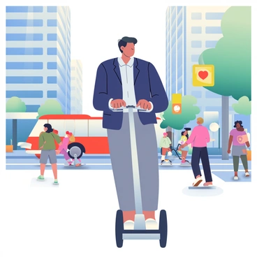 A young professional with short black hair is riding a mini segway along a busy city street. They are wearing a fitted navy blue blazer over a white shirt and gray trousers. The segway is sleek and modern, with shiny handlebars. Around them, there are tall buildings with glass facades reflecting the sunlight. Several pedestrians are walking on the sidewalks, and a few cyclists are passing by. In the background, there are colorful street signs and a red bus driving down the road. The scene conveys a sense of urban activity and movement.