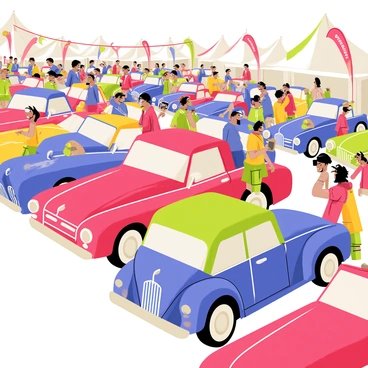 A crowded car show with a variety of shiny American cars displayed in a row. The cars feature vibrant colors, including red, blue, and green, reflecting sunlight off their polished surfaces. Attendees are gathered around the vehicles, some taking pictures while others discuss the cars with enthusiasm. The background shows tents and banners, adding to the lively atmosphere of the event.