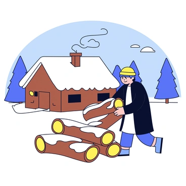 A servant wearing a warm, dark coat and a woolen hat is stacking neatly cut firewood in a pile. The firewood consists of various lengths of logs, some with bark and others smooth. Behind the servant is a cozy cottage with a thatched roof, covered in a layer of fresh, white snow. Smoke is gently rising from the chimney, indicating a warm fire inside. The surrounding landscape features snow-dusted trees and a clear blue sky, adding to the peaceful winter setting.