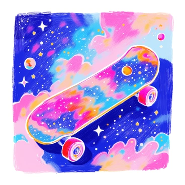 A skateboard logo features a dynamic design centered around a skateboard deck. The deck displays a cosmic illusion with swirling galaxies and vibrant nebulae in shades of blue, purple, and pink. Stars are scattered throughout the design, adding depth to the scene. The skateboard's wheels are prominently visible, contrasting with the cosmic theme. The overall composition blends the essence of skateboarding with the vastness of space.