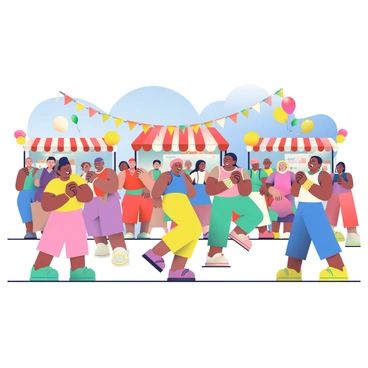 A lively festival scene is portrayed with a diverse group of people enjoying the celebration. In the foreground, multiple individuals are wearing colorful bead bracelets in various shades, including bright blues, reds, and yellows. Some people are dancing, while others are engaging in conversation, smiling and laughing. Stalls decorated with festive banners and garlands can be seen in the background, showcasing different items like food and crafts. Balloons in various colors float above the crowd, adding to the vibrant atmosphere of the event. The sky is clear and blue, enhancing the joyful mood of the festival.