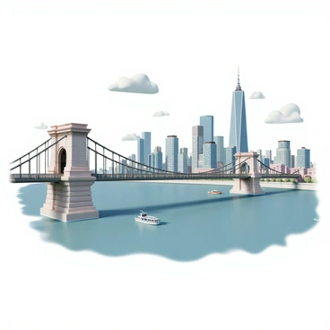 A majestic bridge with intricate stone and metalwork spanning a wide river. The bridge's arches and cables are detailed and prominent. In the background, a bustling city skyline rises with tall buildings of various designs, including glass skyscrapers and modern structures. The river reflects the colors of the city, while boats move gently along its surface. The sky is clear with a few fluffy clouds overhead, enhancing the scene's vibrancy.