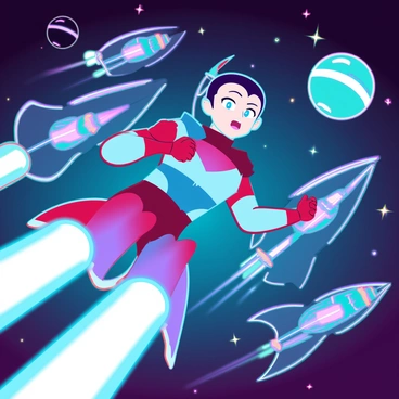 A futuristic scene depicting "Astro Boy" racing at high speeds in outer space. He has a sleek metallic body with distinctive blue and red colors, his jet boots glowing brightly as he propels himself forward. Surrounding him are various "spacecraft," each with unique designs, including sleek aerodynamic shapes and vibrant neon lights. The backdrop features a starry galaxy with colorful nebulae and planets. Astro Boy's expression shows determination as he navigates through the competitive environment, with trails of energy following him.
