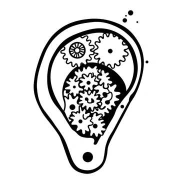 An ear depicted with intricate mechanical gears and cogs visible within its structure. The gears are interlocking, showcasing a variety of sizes and shapes, creating a complex network. The outline of the ear is clearly defined, with the mechanical components seamlessly integrated into the ear's anatomy. Some gears are larger and more prominent, while others are smaller and interspersed throughout. The background is plain, emphasizing the detailed illustration of the ear and its inner mechanical workings.