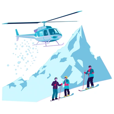 A sleek, modern private helicopter is descending towards a snowy mountain summit, its rotor blades creating a flurry of snowflakes in the crisp air. The helicopter's metallic body glistens against the bright, clear sky. Nearby, several skiers in colorful winter gear are gathering their equipment, ensuring their skis and poles are ready for the descent. The mountain peak is rugged and steep, showcasing an untouched blanket of thick, powdery snow. The skiers, wearing helmets and goggles, appear excited as they prepare to embark on their thrilling adventure down the slopes.
