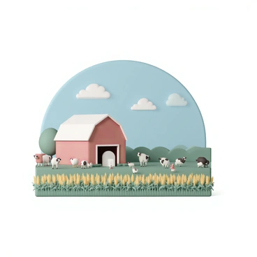 A quaint farm scene featuring a large red barn with a white roof. Several animals, including cows and chickens, are roaming freely around the barn. In the foreground, there are lush green fields of crops, with rows of corn and golden wheat swaying gently. The sky above is clear and blue, with a few fluffy white clouds scattered throughout. The overall composition showcases the charm and tranquility of a rural setting.