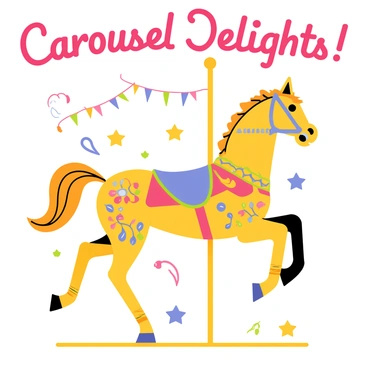 A retro-style poster featuring a detailed carousel horse from the 1920s, showcasing intricate carvings and bright, vibrant colors. The horse is adorned with a rich, multicolored saddle and a flowing mane that appears to be caught in the wind. Surrounding the horse are decorative elements such as swirling patterns and stars, creating a sense of motion and excitement. The background displays a classic carnival scene with colorful tents and string lights, enhancing the nostalgic atmosphere of the poster. The text "Carousel Delights!" is prominently featured at the top in a bold, playful font.