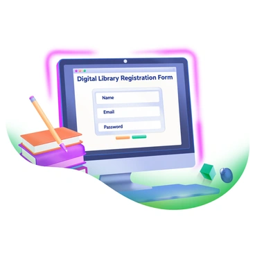 A computer screen displaying a "Digital Library Registration Form" prominently in the center. The form includes fields for "Name," "Email," and "Password," each labeled clearly. Surrounding the screen are small illustrations of a stack of books, a pencil, and a computer mouse. A glowing outline frames the entire screen, enhancing the focus on the registration form.
