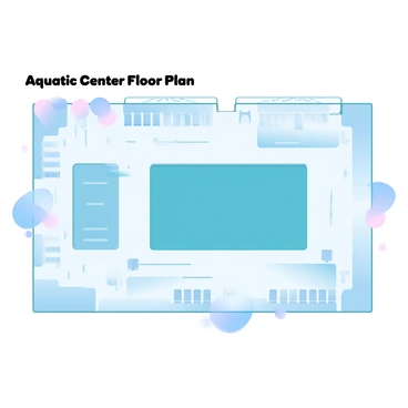 A detailed floor plan of a public aquatic center is illustrated. The plan features a large rectangular swimming pool at the center, flanked by lanes for lap swimming. Adjacent to the main pool, there is a smaller leisure pool with gentle curves, designed for relaxation and play. Two diving boards, one high and one low, are positioned at one end of the main pool, providing space for divers. Surrounding the pools are areas for seating, with lounge chairs and shaded umbrellas. Various entry points lead into locker rooms, showers, and a reception area. "Aquatic Center Floor Plan" is labeled prominently at the top.