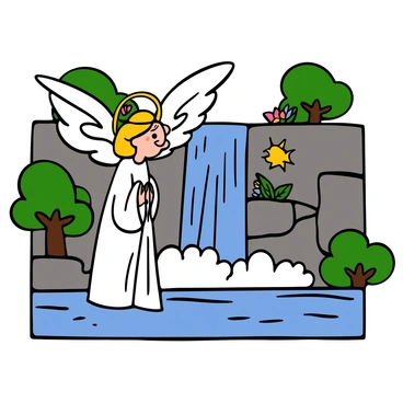An angel with light skin and flowing white robes stands gracefully beside a large, magnificent waterfall. The angel has golden hair and delicate wings spread wide, catching the sunlight. The waterfall cascades down rocky cliffs, creating a mist that shimmers in the sunlight. Surrounding the waterfall are lush green trees and vibrant flowers, adding bursts of color to the scene. The angel gazes thoughtfully at the water, with a serene expression on their face.