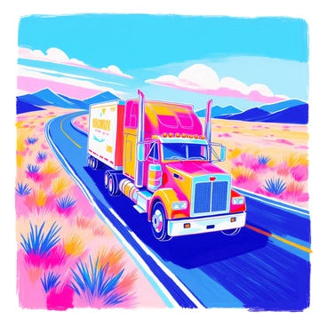 A big rig truck is accelerating on a long, straight stretch of highway. The truck is painted in striking colors with bold graphics on its side, showcasing an impressive design. The cab is large, and the chrome details glimmer in the sunlight. The highway is bordered by tall grass and a clear blue sky overhead. The asphalt is smooth, emphasizing the speed of the truck as it moves forward, leaving a trail of dust in its wake. In the background, distant mountains can be seen, adding depth to the scene.