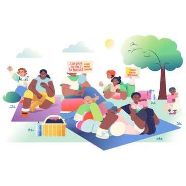 A diverse group of people is sitting together on blankets in a park during a rally. Some individuals are holding colorful signs with messages of support and unity, while others are engaged in quiet conversation. A few children are playing nearby, tossing a frisbee. There are trees providing shade around the gathering, and the sun is shining through the leaves, casting dappled light on the ground. A picnic basket and a few water bottles are placed nearby, indicating a relaxed and friendly atmosphere among the attendees.