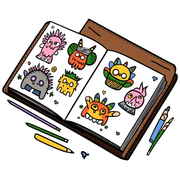 A sketchbook opened wide on a wooden table, displaying pages filled with intricate drawings of various imaginative creatures. The pages are adorned with colorful illustrations, showcasing a variety of designs, each with unique features such as oversized eyes, whimsical horns, and vibrant scales. Some creatures have furry bodies, while others are adorned with feathers or shiny metallic elements. The sketchbook has a worn leather cover, and a few colored pencils are scattered beside it, hinting at the creative process behind the artwork.