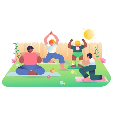 A family of four is practicing yoga together in their backyard on a sunny day. The parents, a father with short black hair and a mother with long brown hair, are positioned in a downward dog pose. Their two children, a boy with curly blonde hair and a girl with straight black hair, are attempting tree pose beside them. The backyard has vibrant green grass and a few colorful flowers scattered around. In the background, a wooden fence partially covered with climbing vines can be seen. The sun is shining brightly, casting soft shadows on the grass.