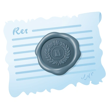 A close-up of an old wax seal pressed onto a legal document. The seal is round and features an intricate emblem in the center, showcasing ornate details. The wax has a rich, deep color with a slightly glossy texture, highlighting the embossed design. The edges of the seal are slightly uneven, indicating its handmade nature. The surrounding paper has a weathered appearance, with slight creases and a parchment-like texture that adds to the historical feel of the document.