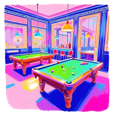 An art deco game room features several vintage billiard tables with rich mahogany surfaces and green felt. The walls are adorned with geometric patterns and decorative moldings, highlighting the elegance of the style. Neon lights in vibrant colors illuminate the room, casting a colorful glow on the tables. There are plush leather chairs arranged around the tables, inviting players to relax. A bar area in the corner contains an assortment of vintage glassware and bottles. Large mirrors reflect the neon lights, adding depth to the scene.