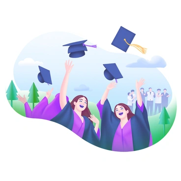 A scene depicting a group of students joyfully tossing their graduation hats into the air. The students are wearing black caps and gowns, with bright smiles on their faces. The hats are soaring upward against a backdrop of a clear blue sky. Some hats are caught mid-air, while others are just leaving hands. In the background, a few trees and a waving crowd of family and friends can be seen, celebrating this momentous occasion.