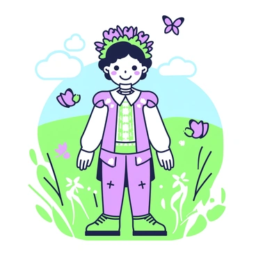 A young prince is standing in a vibrant meadow, wearing a flower crown made of violets on his head. He has curly hair that peeks out from beneath the crown. The prince is dressed in a royal outfit with a tunic and trousers, adorned with intricate patterns. He has a joyful expression, with a bright smile on his face, showcasing his innocence and charm. Around him, butterflies flutter gracefully, adding to the whimsical atmosphere of the scene. In the background, there are rolling hills and a clear blue sky, providing a cheerful backdrop for the prince's playful demeanor.
