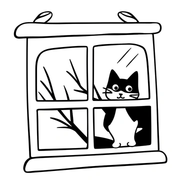 A curious cat with large eyes is peeking through a window. The cat's fur is detailed, with distinct patterns and textures. The window frame is ornate and made of wood, with small squares of glass. Outside the window, branches of a tree can be seen, reaching towards the glass. There are subtle reflections on the window, hinting at the surroundings outside.