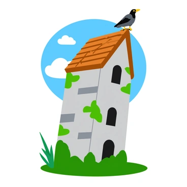 A medieval watchtower with crumbling stone walls covered in patches of green moss. The structure features a tilted wooden roof with shingles that are missing in several places. A few tall weeds grow at the base of the watchtower, emphasizing its age and neglect. The sky above is bright blue with a few fluffy white clouds. A raven is perched on the edge of the roof, looking out over the landscape.