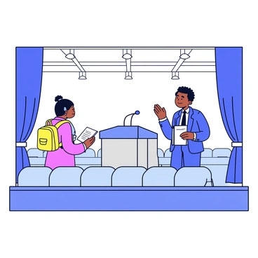 A student shadowing a public speaker preparing for a talk in an auditorium.