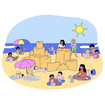 A sandy beach with a clear blue sky and bright sun overhead. Several families are scattered across the beach, engaged in fun activities. Children are building intricate sandcastles with buckets and shovels, creating tall towers and moats. Nearby, some adults are laughing and splashing water as they play by the gentle waves. Colorful beach towels are laid out on the sand, and beach umbrellas in vibrant colors provide shade.