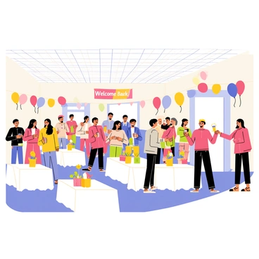 A decorated hall filled with colorful balloons and streamers hanging from the ceiling. Tables are set with white tablecloths and centerpieces featuring bright floral arrangements. A banner reading "Welcome Back!" is displayed prominently on one wall. Groups of former classmates are mingling, some sharing laughter while others are catching up over drinks. A photo booth is set up in one corner with props like hats and glasses for guests to use. The atmosphere is lively and filled with joy as everyone reconnects and reminisces about their school days.